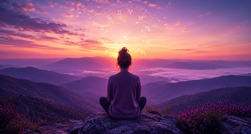 Mulher meditando ao nascer do sol